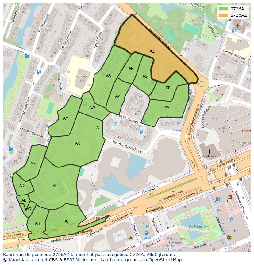 Afbeelding van het postcodegebied 2726 AZ op de kaart.
