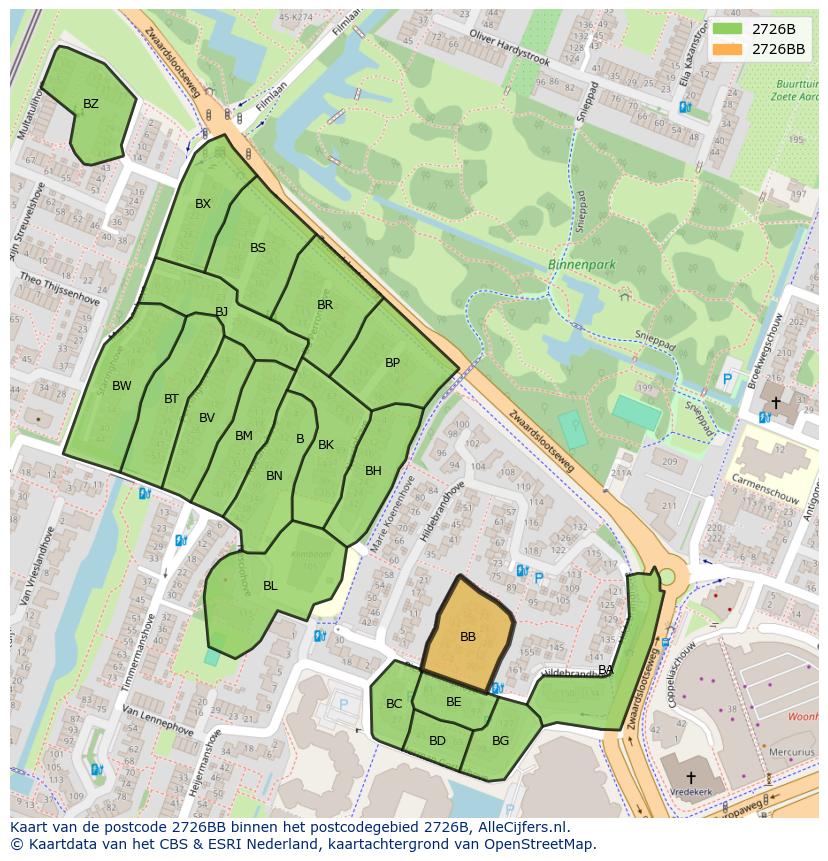 Afbeelding van het postcodegebied 2726 BB op de kaart.
