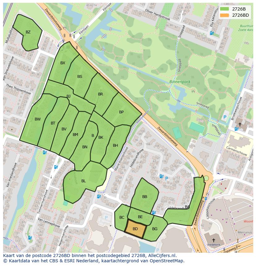 Afbeelding van het postcodegebied 2726 BD op de kaart.