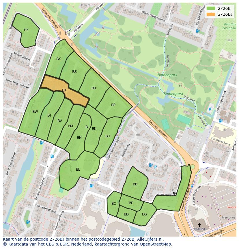 Afbeelding van het postcodegebied 2726 BJ op de kaart.