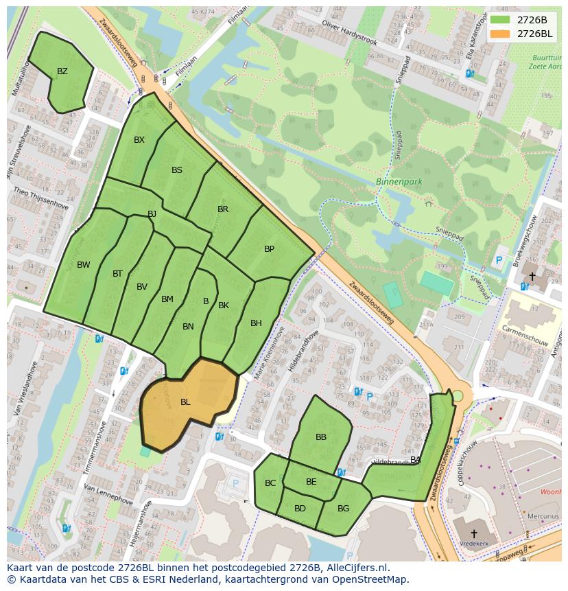 Afbeelding van het postcodegebied 2726 BL op de kaart.