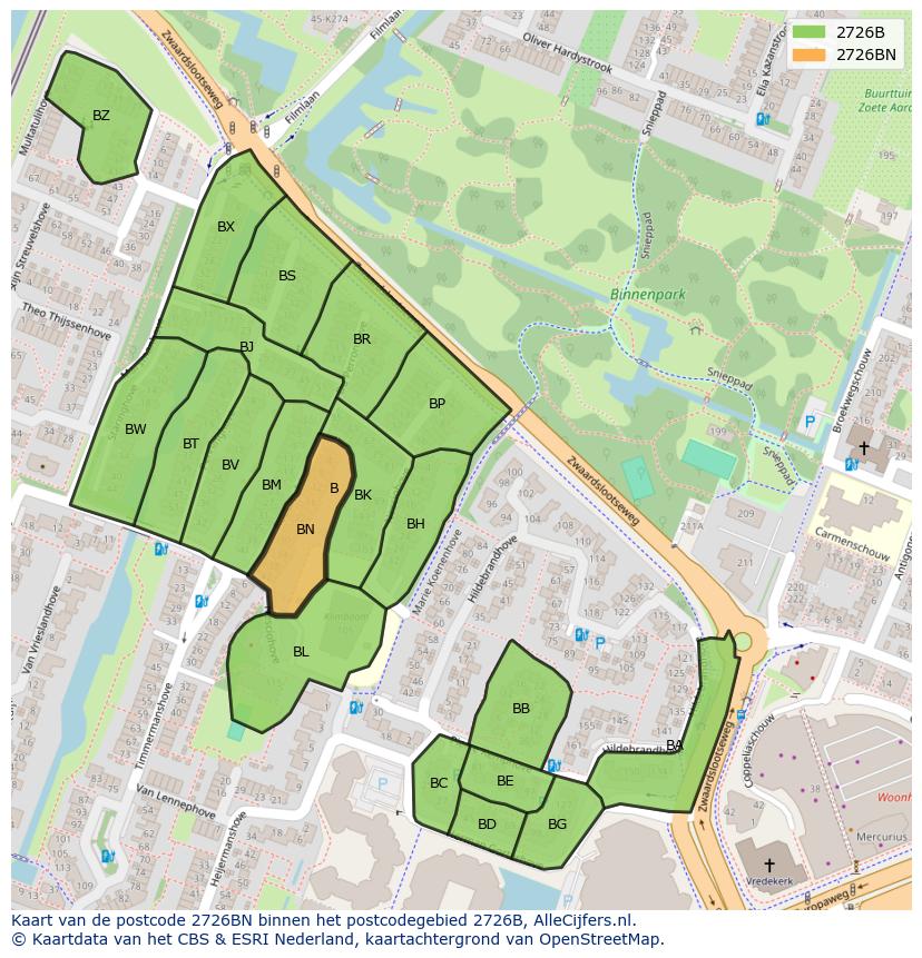 Afbeelding van het postcodegebied 2726 BN op de kaart.