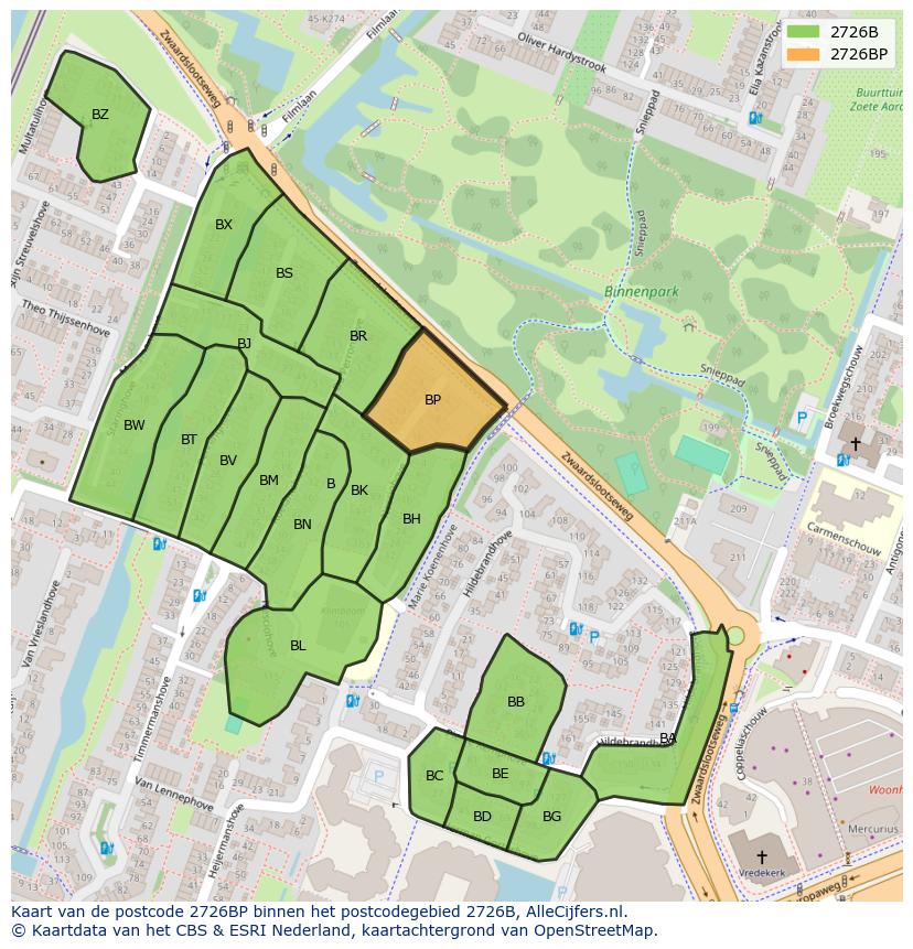 Afbeelding van het postcodegebied 2726 BP op de kaart.