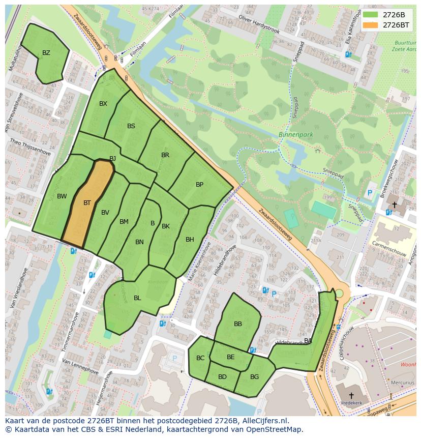Afbeelding van het postcodegebied 2726 BT op de kaart.