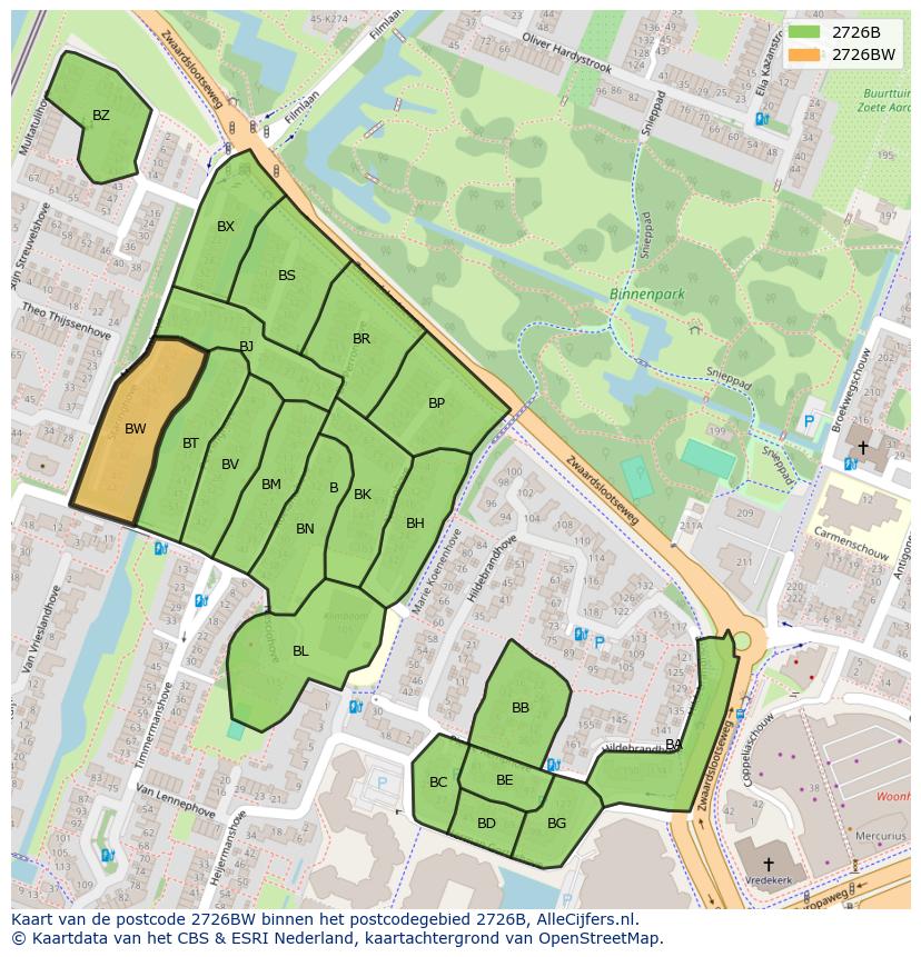 Afbeelding van het postcodegebied 2726 BW op de kaart.