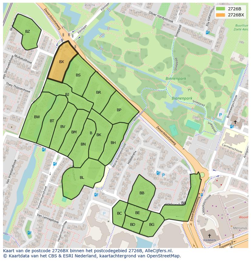 Afbeelding van het postcodegebied 2726 BX op de kaart.