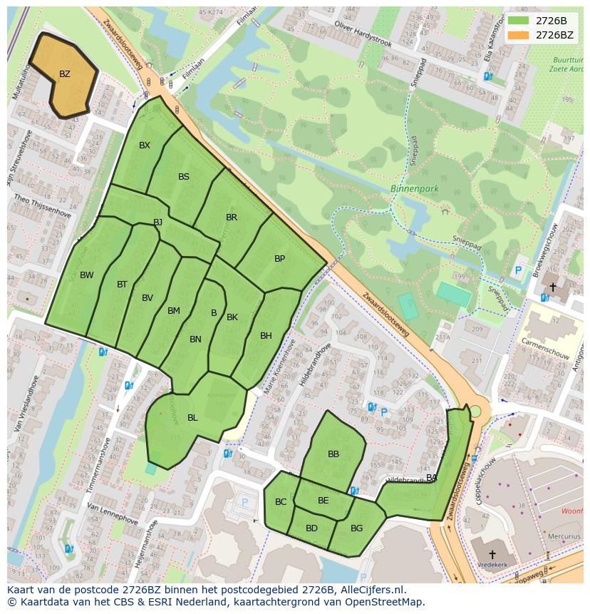 Afbeelding van het postcodegebied 2726 BZ op de kaart.
