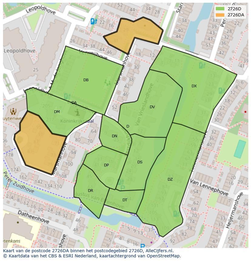 Afbeelding van het postcodegebied 2726 DA op de kaart.