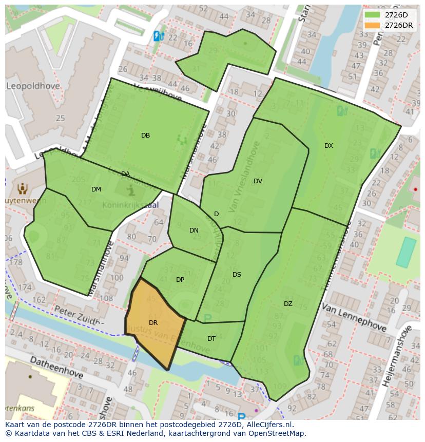 Afbeelding van het postcodegebied 2726 DR op de kaart.