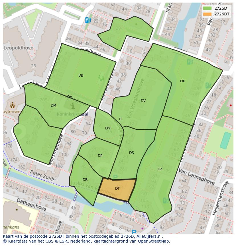Afbeelding van het postcodegebied 2726 DT op de kaart.