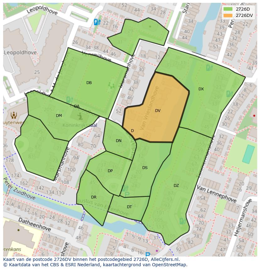 Afbeelding van het postcodegebied 2726 DV op de kaart.
