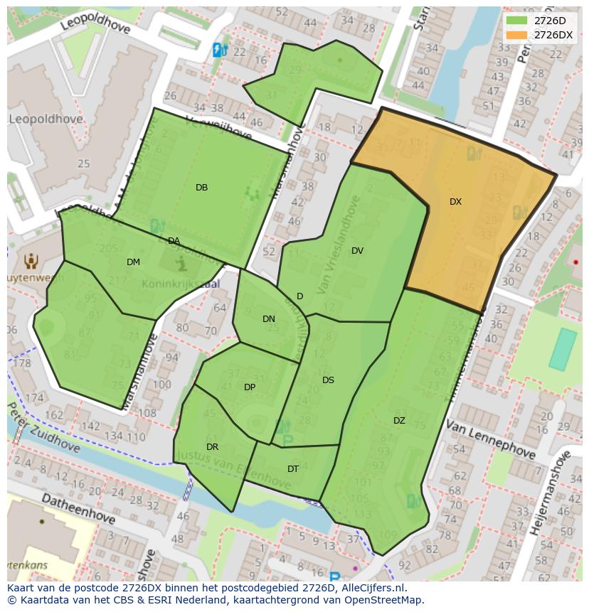 Afbeelding van het postcodegebied 2726 DX op de kaart.