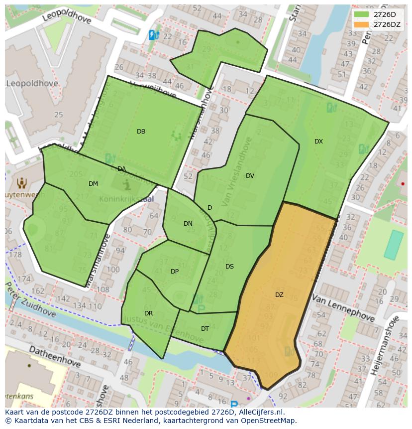 Afbeelding van het postcodegebied 2726 DZ op de kaart.