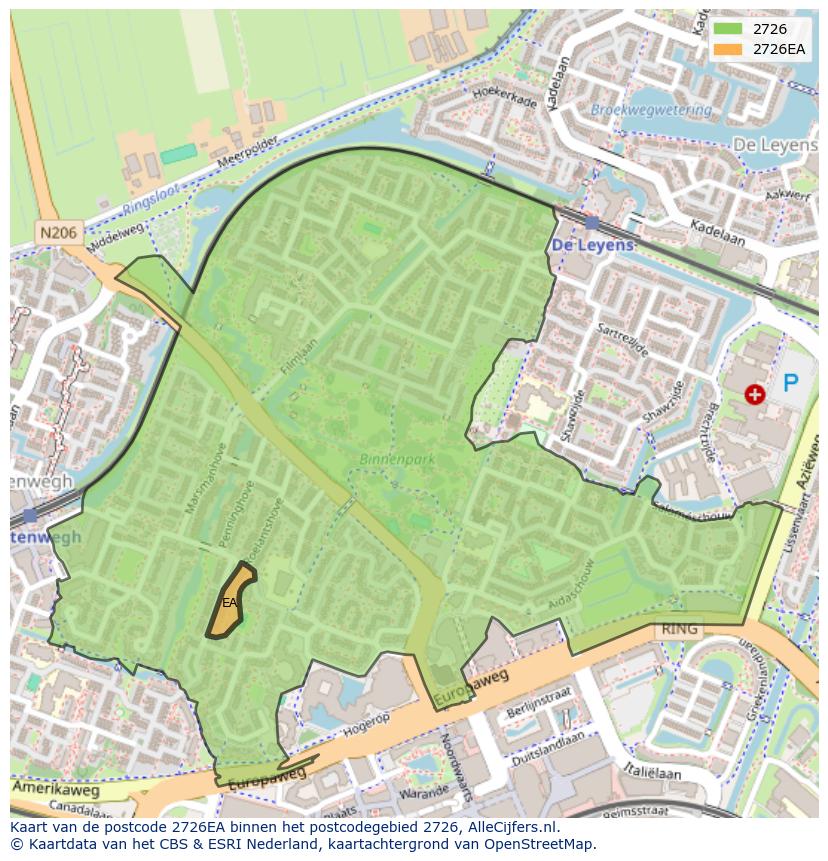 Afbeelding van het postcodegebied 2726 EA op de kaart.