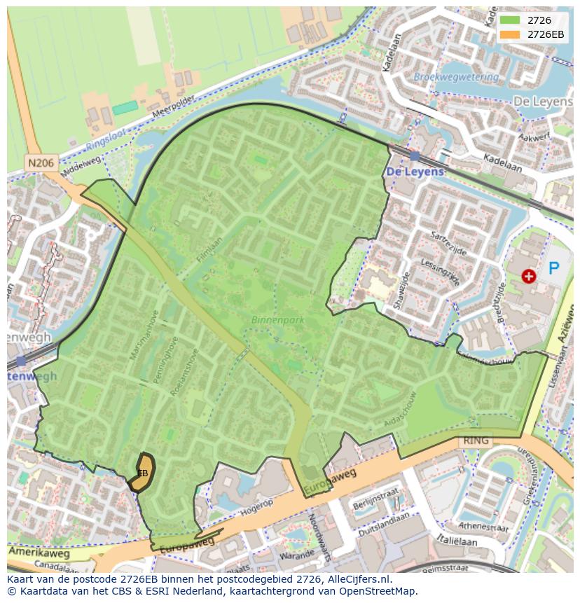 Afbeelding van het postcodegebied 2726 EB op de kaart.