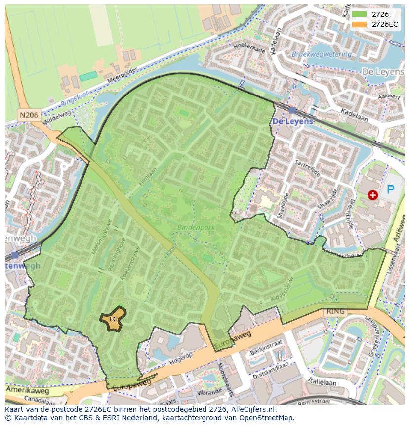 Afbeelding van het postcodegebied 2726 EC op de kaart.