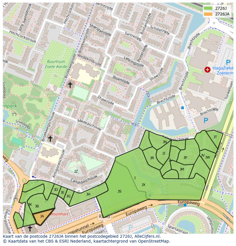 Afbeelding van het postcodegebied 2726 JA op de kaart.