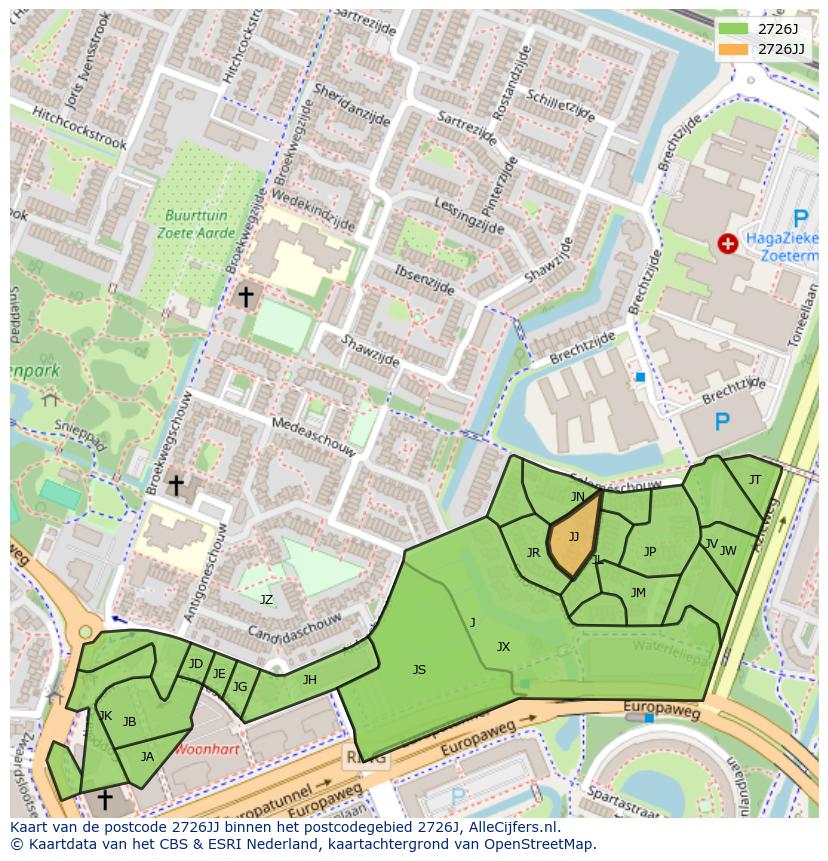Afbeelding van het postcodegebied 2726 JJ op de kaart.
