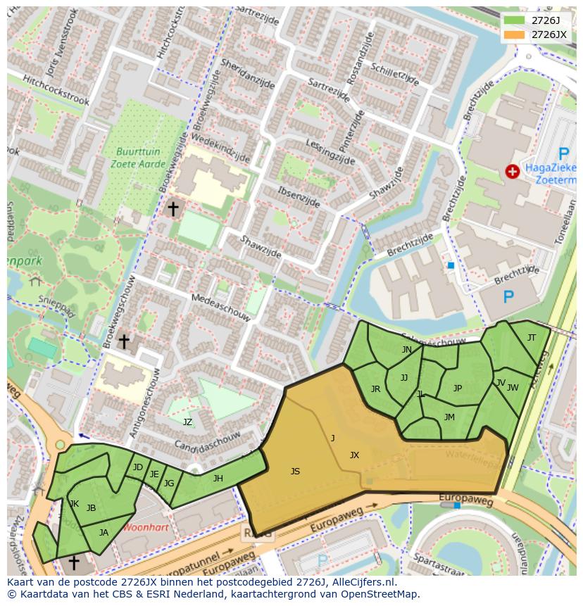 Afbeelding van het postcodegebied 2726 JX op de kaart.