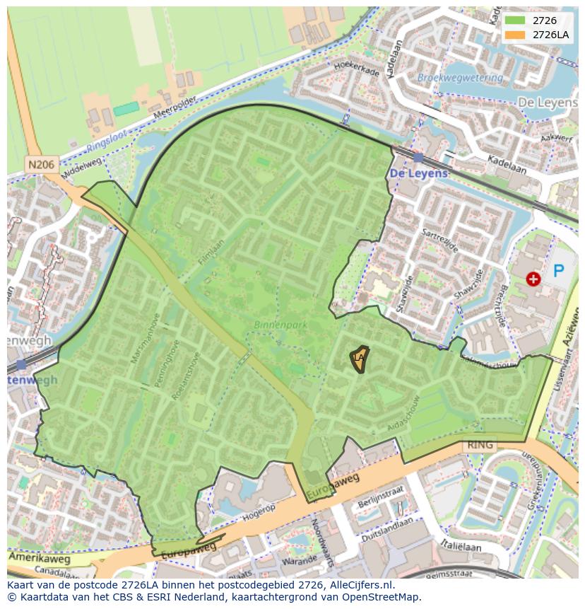 Afbeelding van het postcodegebied 2726 LA op de kaart.