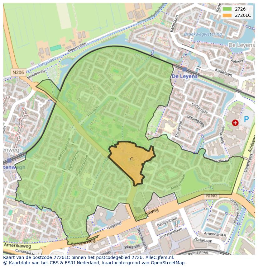 Afbeelding van het postcodegebied 2726 LC op de kaart.