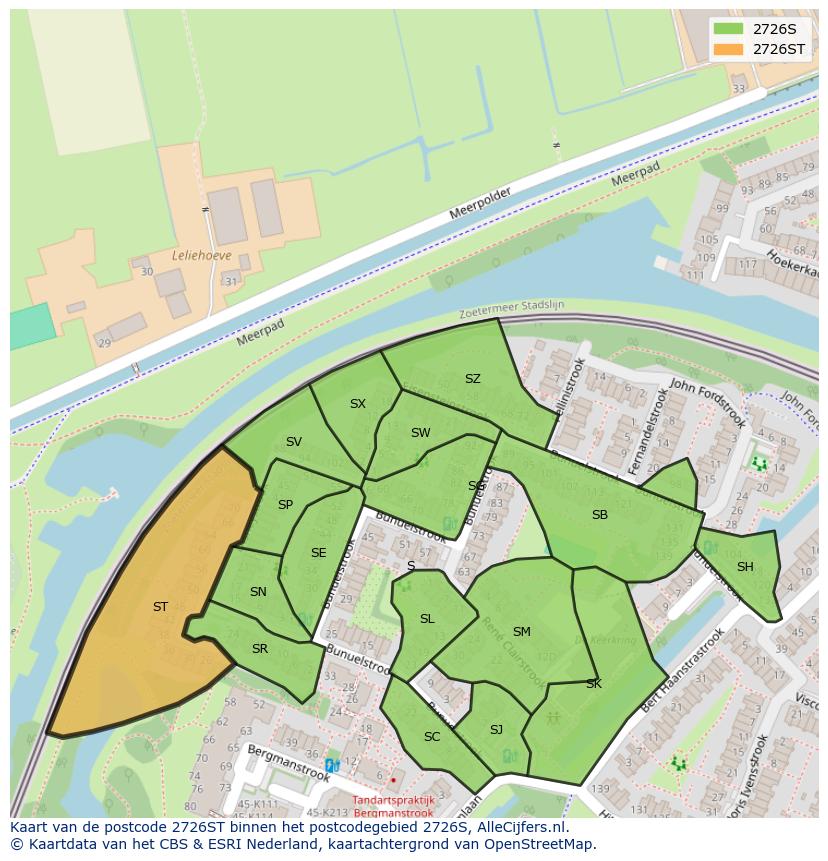 Afbeelding van het postcodegebied 2726 ST op de kaart.