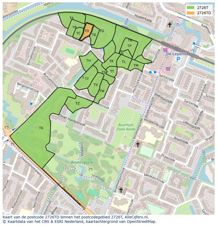 Afbeelding van het postcodegebied 2726 TD op de kaart.