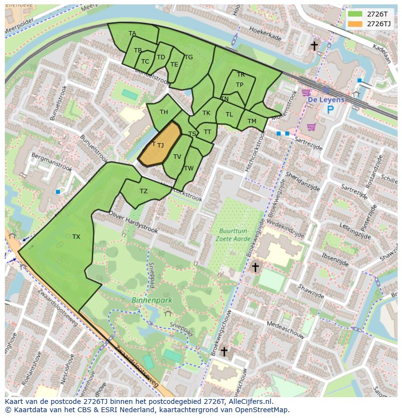 Afbeelding van het postcodegebied 2726 TJ op de kaart.