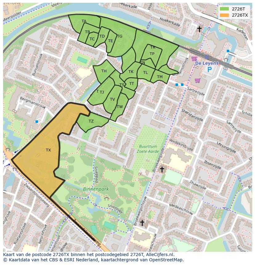 Afbeelding van het postcodegebied 2726 TX op de kaart.