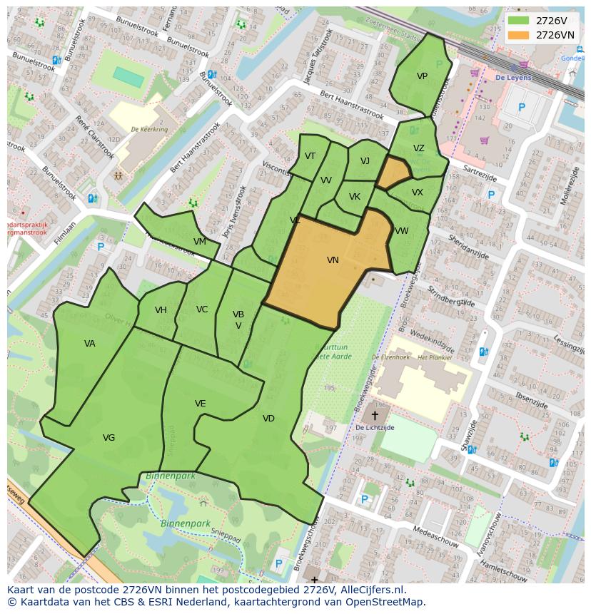 Afbeelding van het postcodegebied 2726 VN op de kaart.