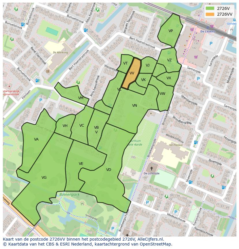 Afbeelding van het postcodegebied 2726 VV op de kaart.