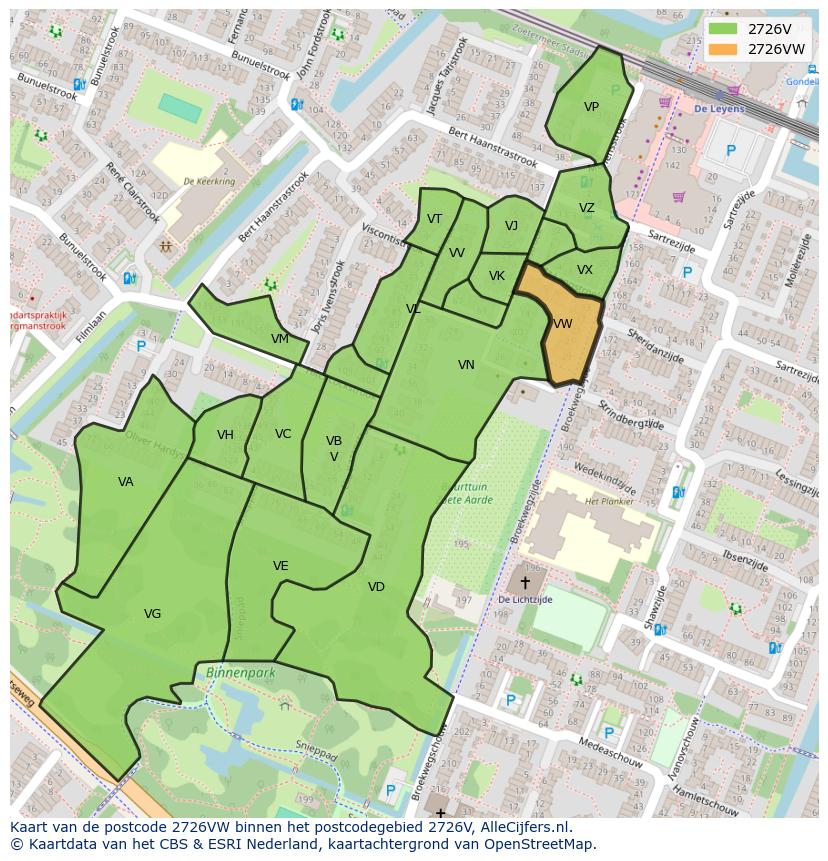 Afbeelding van het postcodegebied 2726 VW op de kaart.