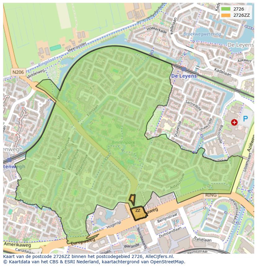 Afbeelding van het postcodegebied 2726 ZZ op de kaart.