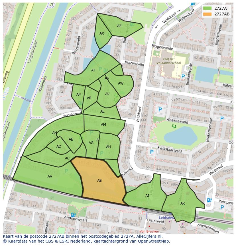 Afbeelding van het postcodegebied 2727 AB op de kaart.