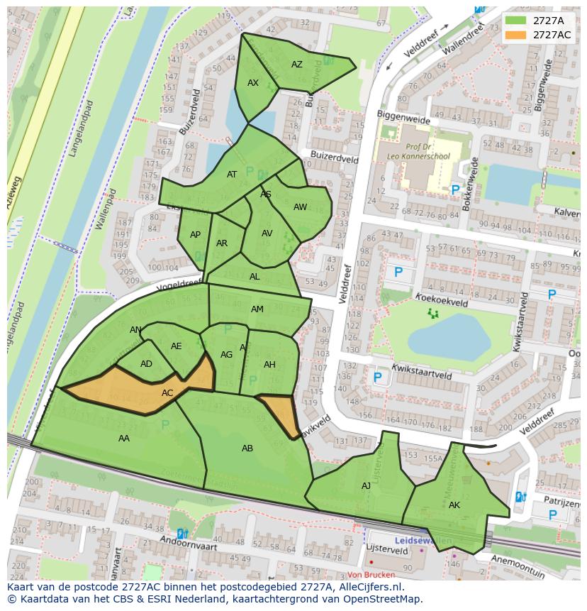 Afbeelding van het postcodegebied 2727 AC op de kaart.