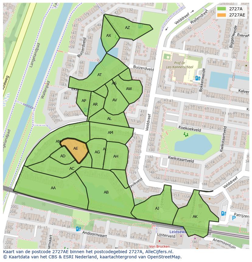 Afbeelding van het postcodegebied 2727 AE op de kaart.