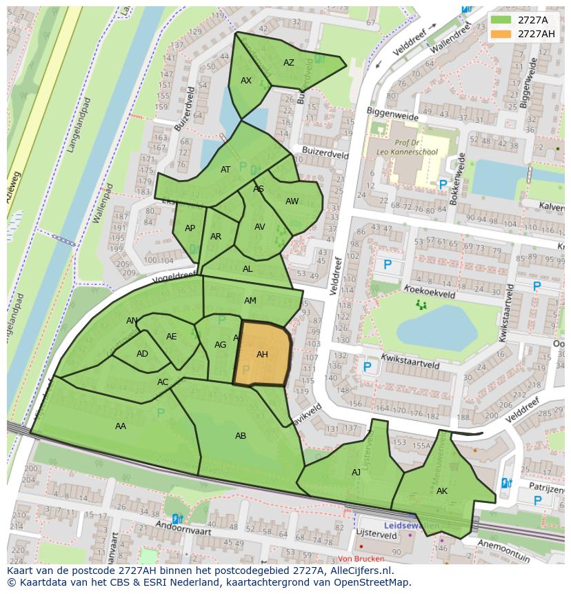 Afbeelding van het postcodegebied 2727 AH op de kaart.