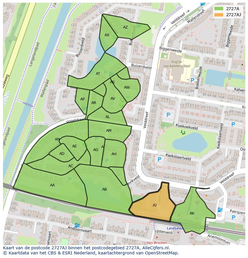 Afbeelding van het postcodegebied 2727 AJ op de kaart.