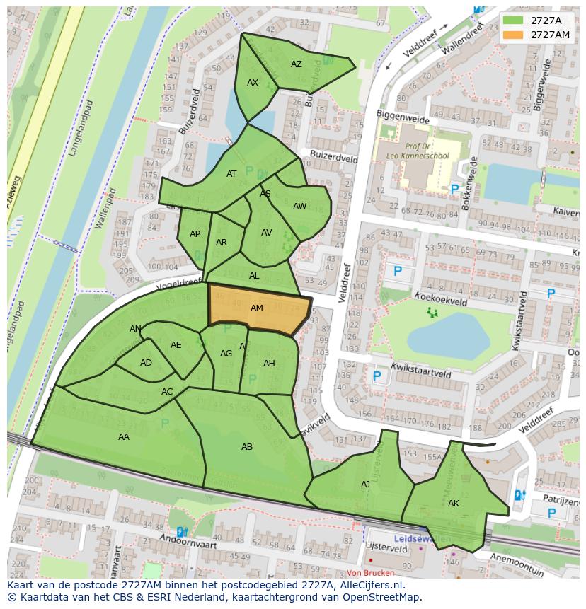 Afbeelding van het postcodegebied 2727 AM op de kaart.