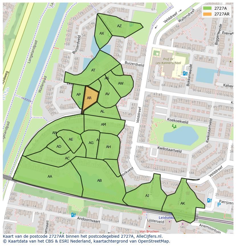 Afbeelding van het postcodegebied 2727 AR op de kaart.