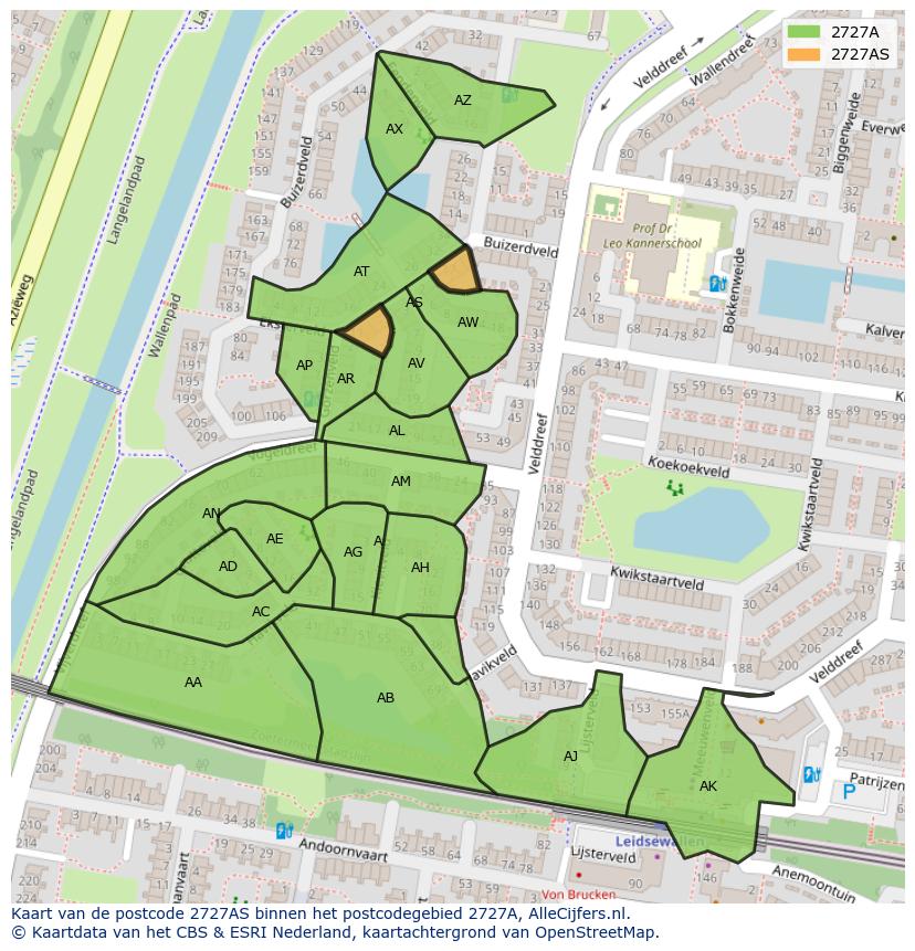 Afbeelding van het postcodegebied 2727 AS op de kaart.