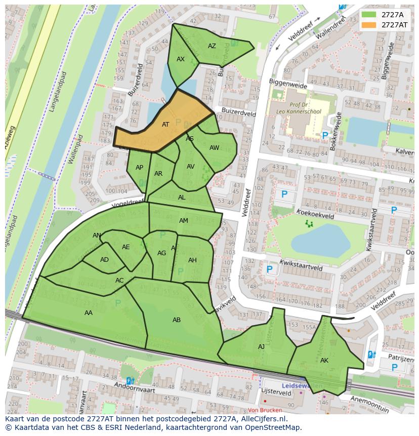 Afbeelding van het postcodegebied 2727 AT op de kaart.