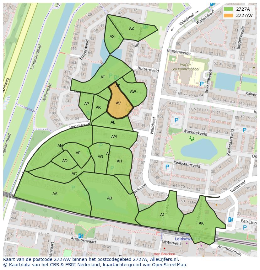 Afbeelding van het postcodegebied 2727 AV op de kaart.