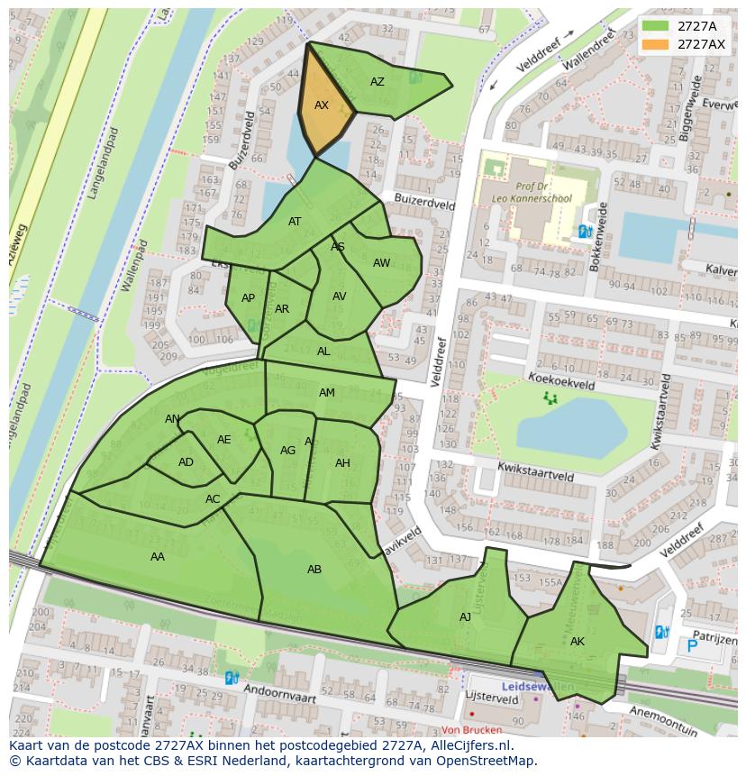 Afbeelding van het postcodegebied 2727 AX op de kaart.