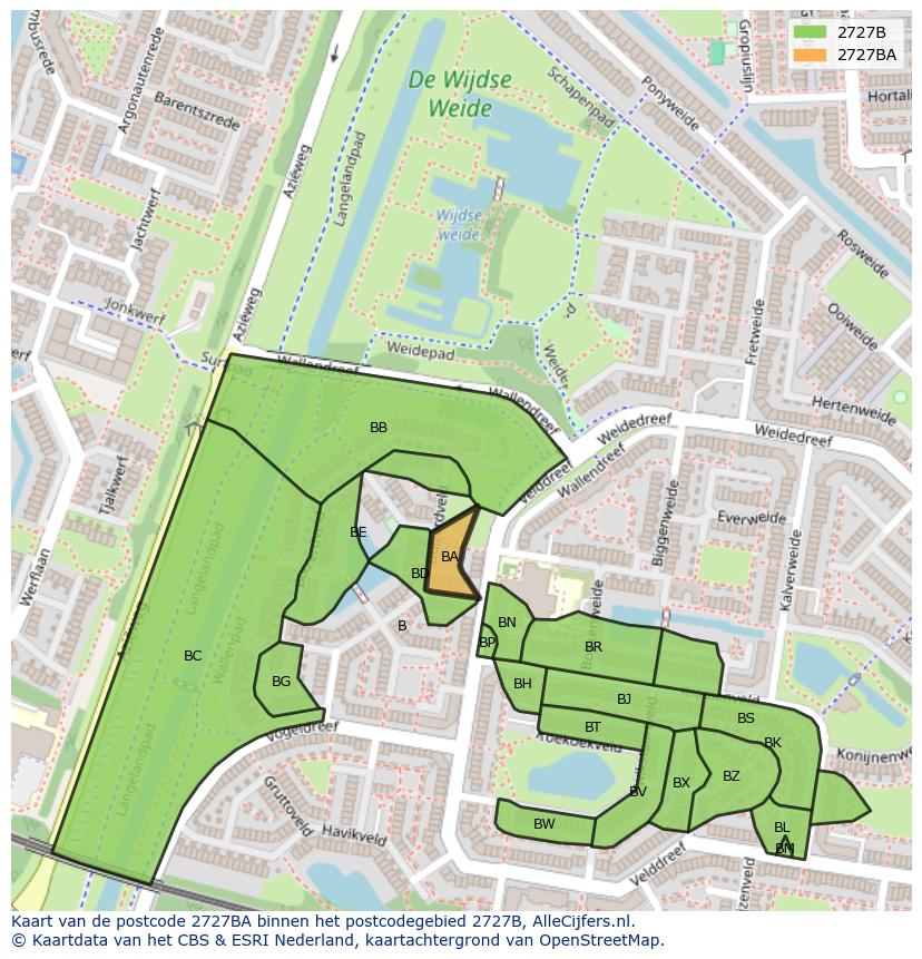 Afbeelding van het postcodegebied 2727 BA op de kaart.