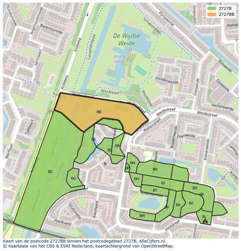 Afbeelding van het postcodegebied 2727 BB op de kaart.
