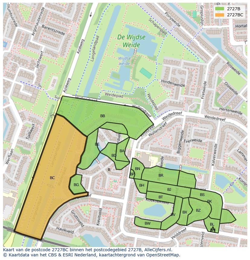 Afbeelding van het postcodegebied 2727 BC op de kaart.
