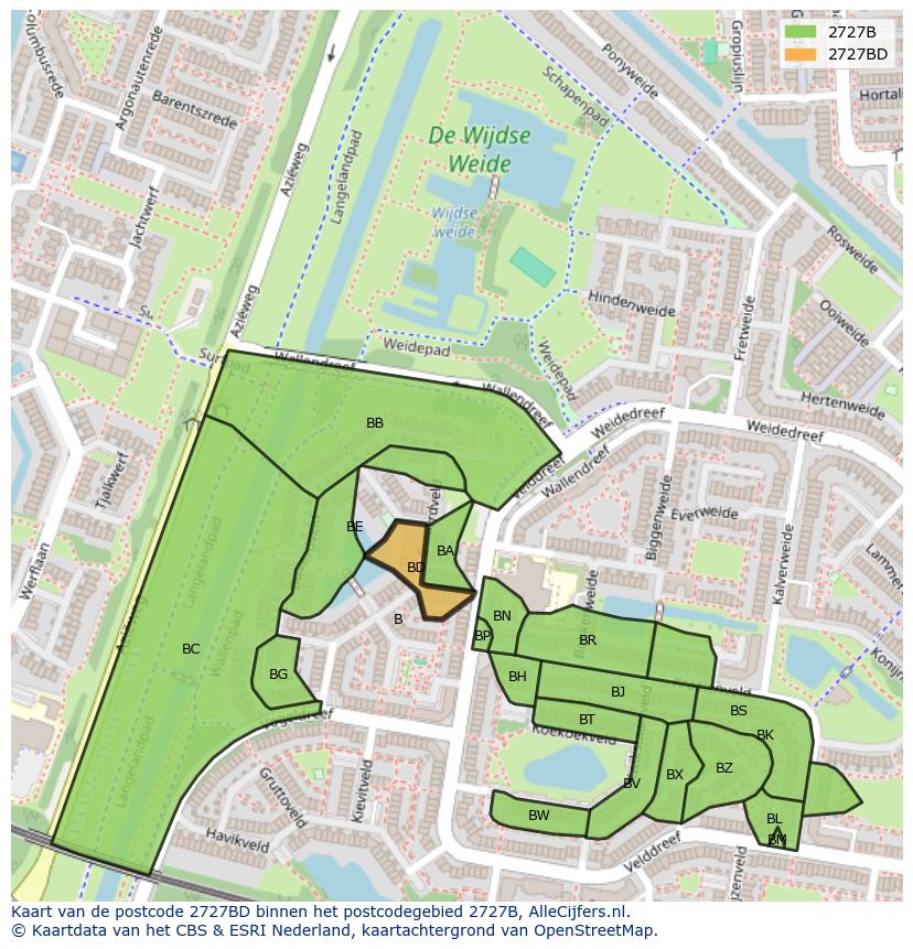Afbeelding van het postcodegebied 2727 BD op de kaart.
