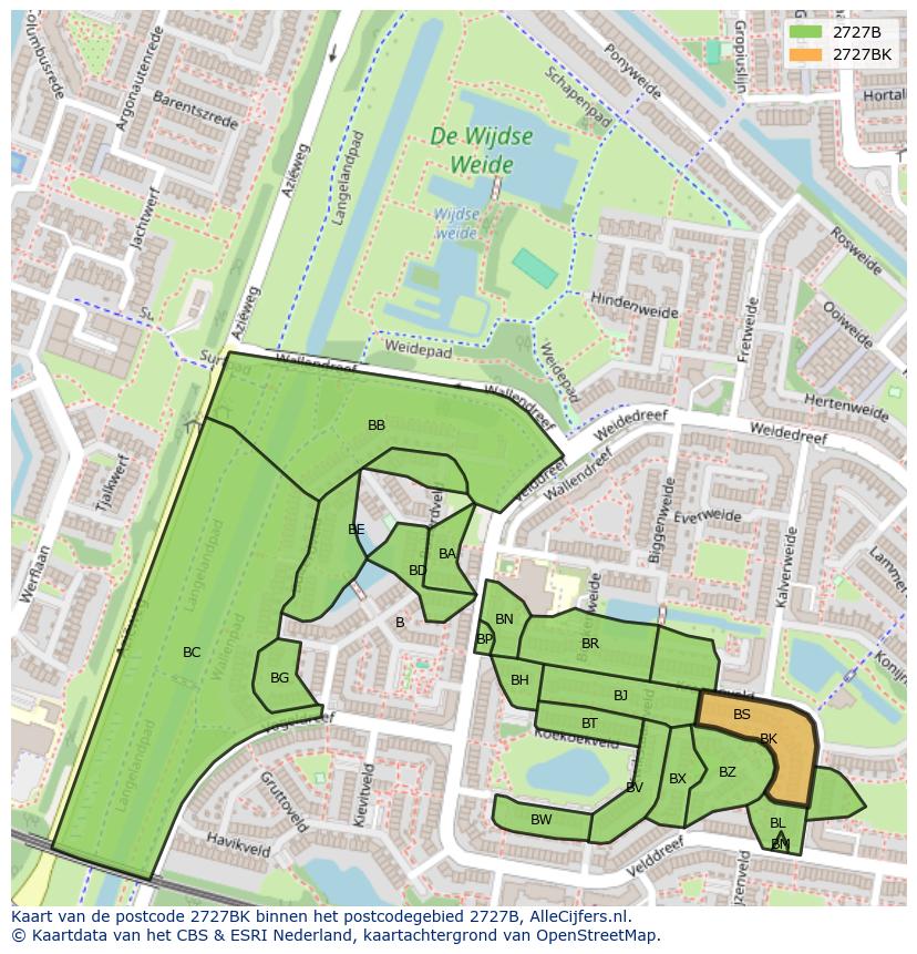 Afbeelding van het postcodegebied 2727 BK op de kaart.