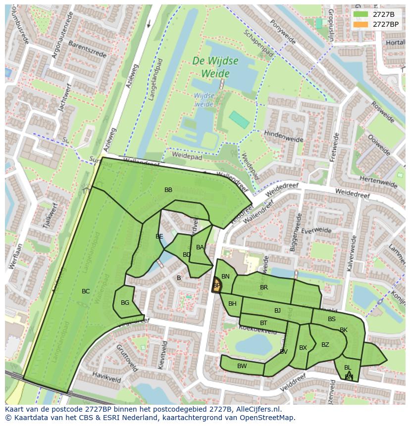 Afbeelding van het postcodegebied 2727 BP op de kaart.